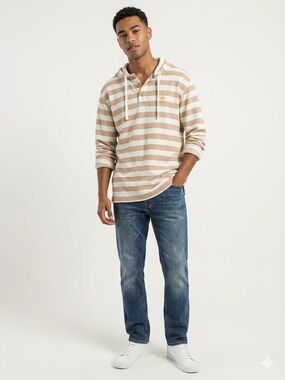 Adidas Originals Mens Striped Henley Hoodie Tan White Trefoil XL
